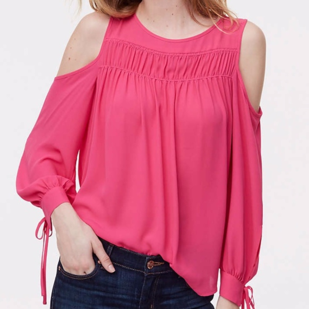 LOFT Hot Pink Shirred Cold Shoulder Blouse